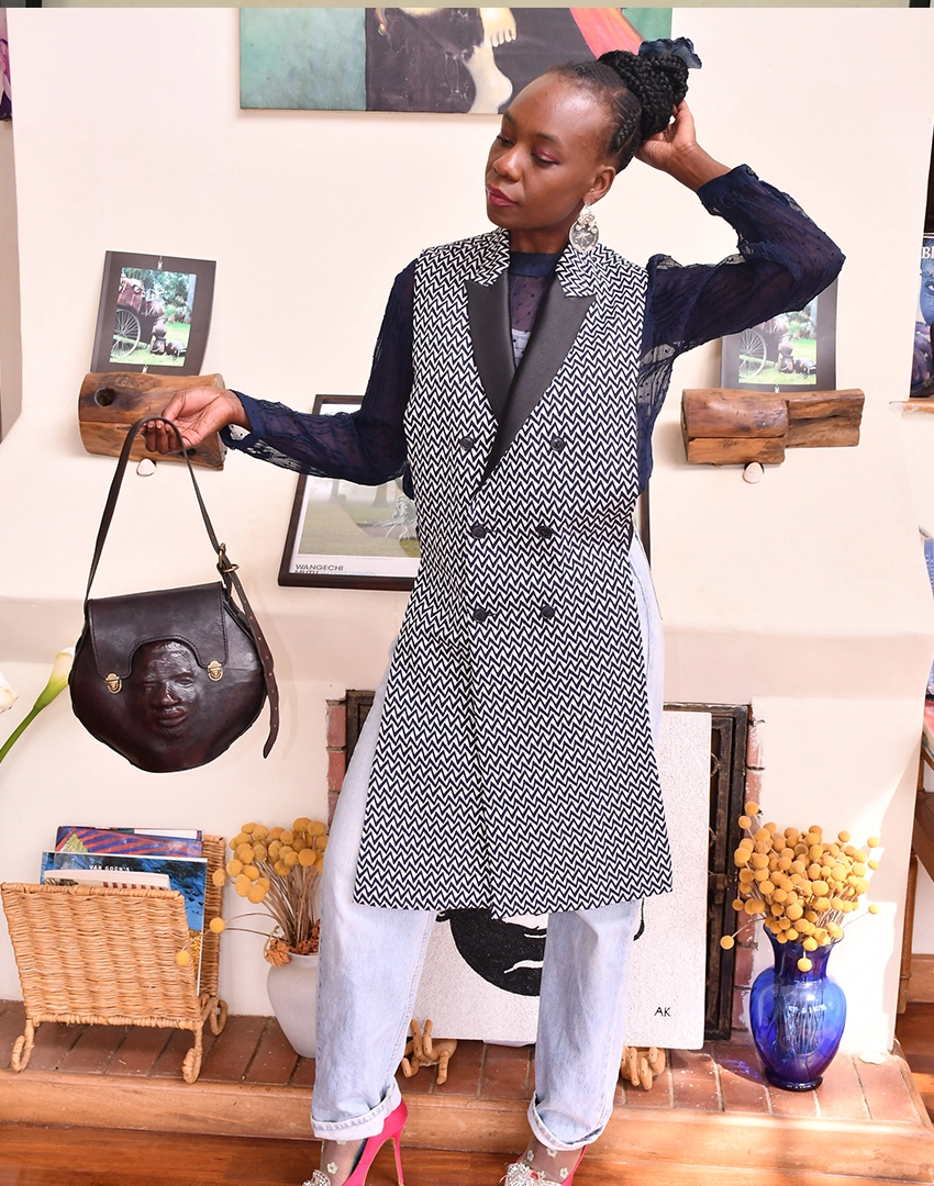 long-bare-back-herringbone-pattern-vest-jacket-front Back view of long bare back herringbone pattern vest jacket