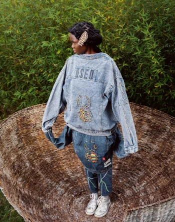 beaded scarab denim jacket