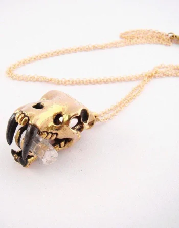 Brass Saber Tooth Skull Pendant Necklace