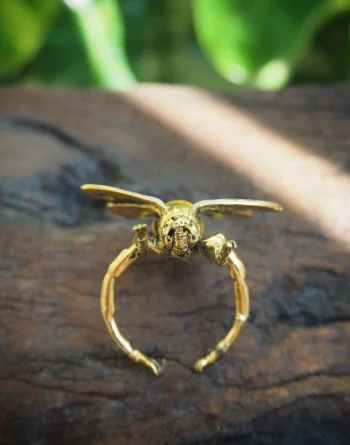 Flying Bee Ring - Brass With White Enamel Wings