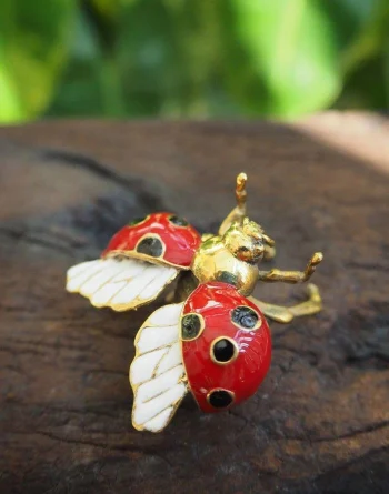 Flying Ladybug Ring - Brass With White Enamel Wings