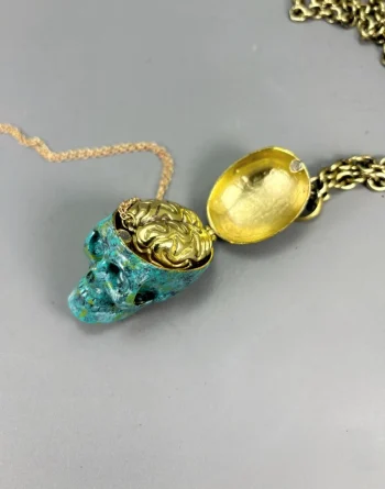 Patina Skull And Golden Brass Brain Pendant Necklace