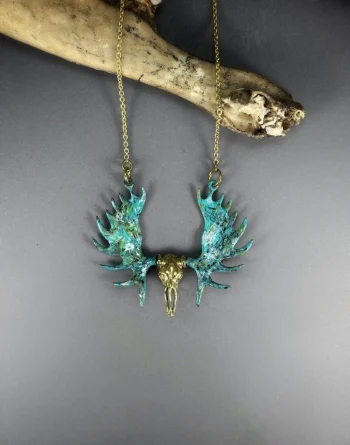 Golden Moose Skull Pendant Necklace - Brass with Green Patina Horns