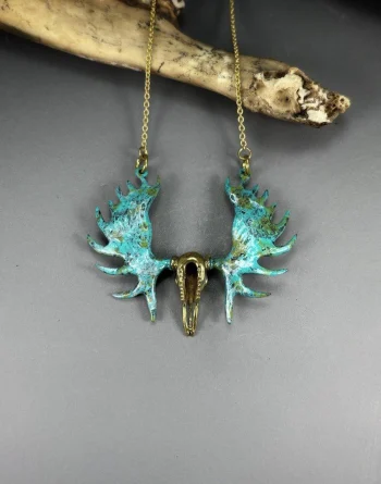 Golden Moose Skull Pendant Necklace - Brass with Green Patina Horns