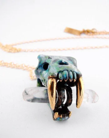 Patina Saber Tooth Skull Pendant Necklace