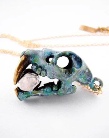 Patina Saber Tooth Skull Pendant Necklace