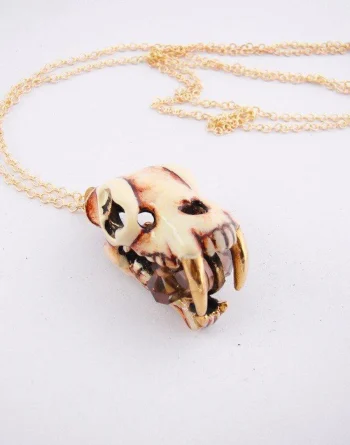 Realistic Saber Tooth Skull Pendant Necklace