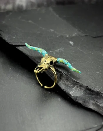Taurus Bull Skull Ring - Deep Green Patina