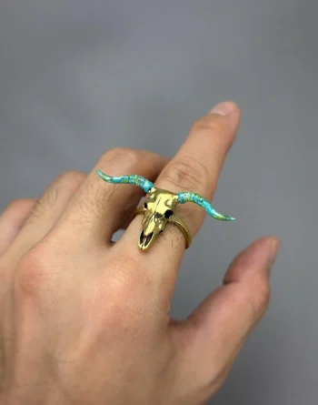 Taurus Bull Skull Ring - Deep Green Patina
