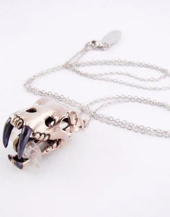 White Bronze Saber Tooth Skull Pendant Necklace