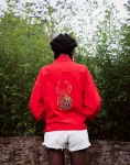 Red Denim Jacket With Beaded Scarab Beetle