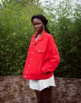 Red Denim Jacket With Beaded Scarab Beetle