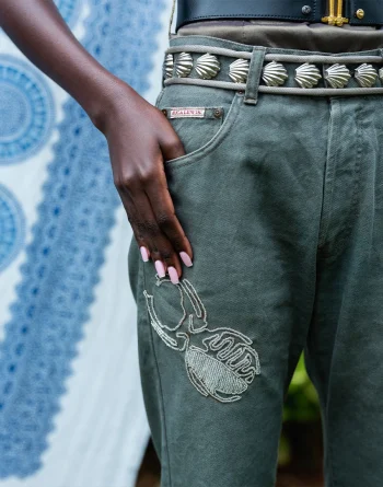 Regular Fit, Olive Green Denim With Scarab Beetle Beadwork